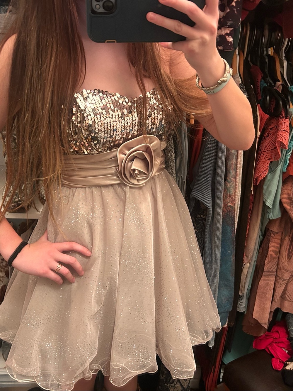 Speeckless Champagne Sequin Strapless Dress with Rosette Sash